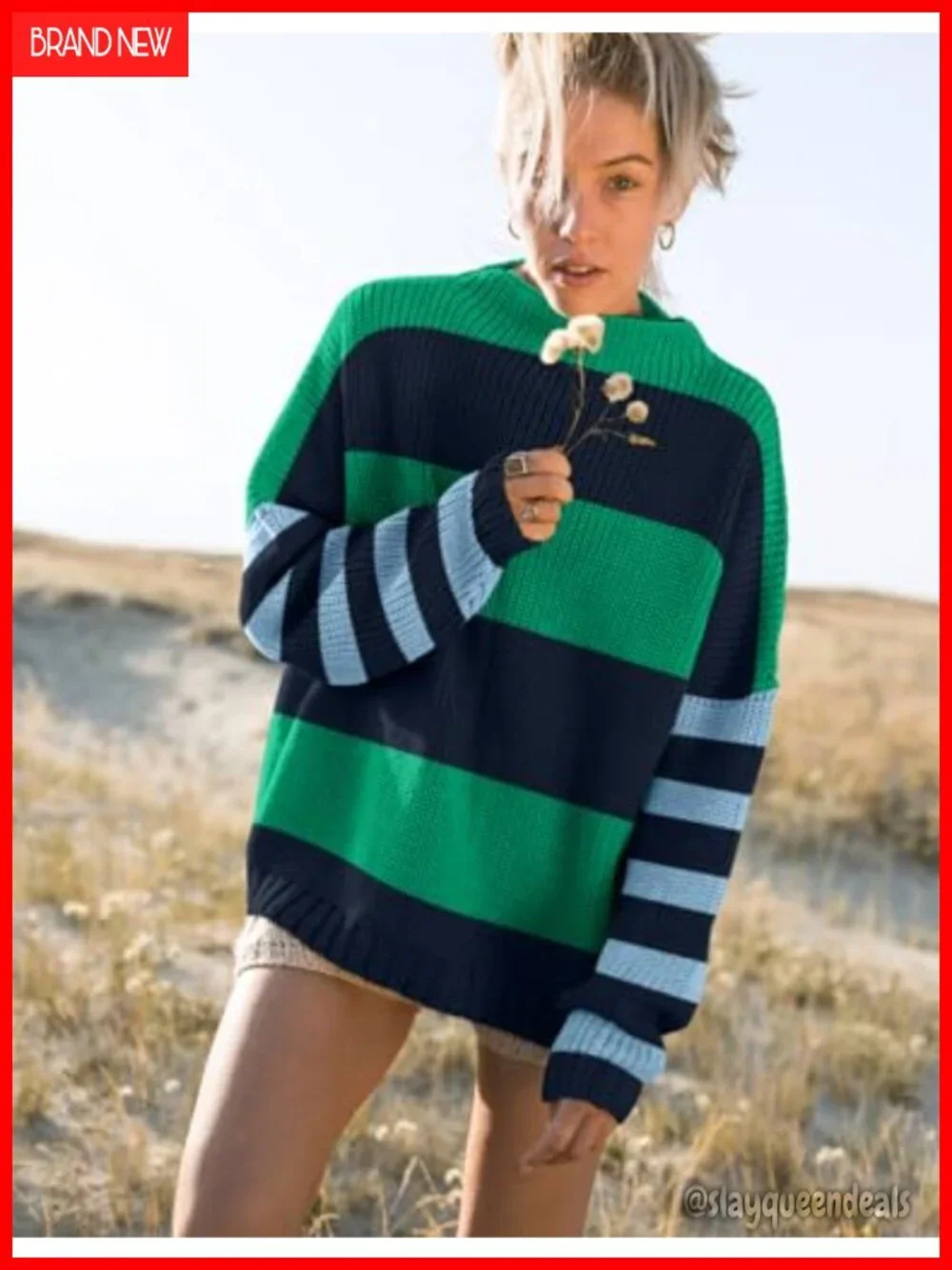 Oversized Batwing Sleeve Mock Neck Chunky Knit Pullover Sweater